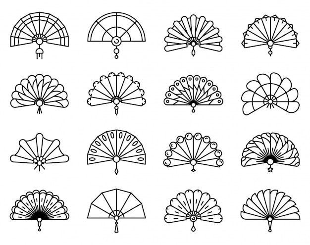 Handheld fan icons set, outline style