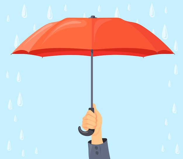 Handhoudende paraplu guardian arm houd parasol handvat in regenachtig weer bedrijfsbescherming of verzekeringsdekking concept buiten stormbescherming cartoon nette vectorillustratie