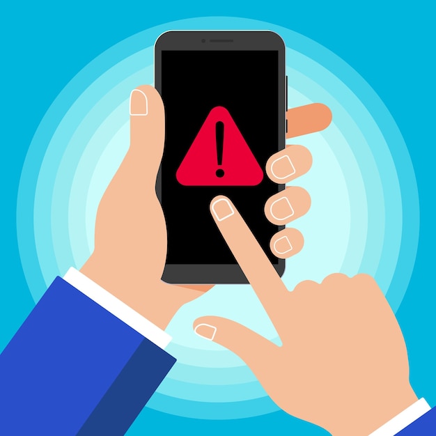 Handhoudende zwarte mobiele telefoon met waarschuwingsbericht symbool icoon teken op het scherm