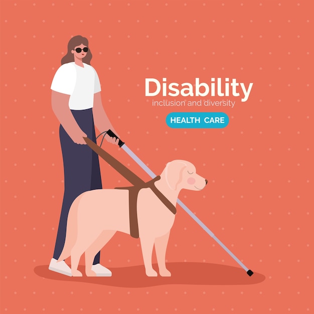 Handicap blinde vrouw cartoon met stok en hond van inclusie diversiteit en gezondheidszorg thema.