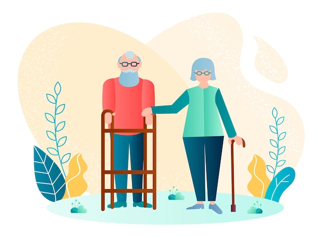 Handicapped elderly couple vector illustration An elderly man moves with the help of a walker hand