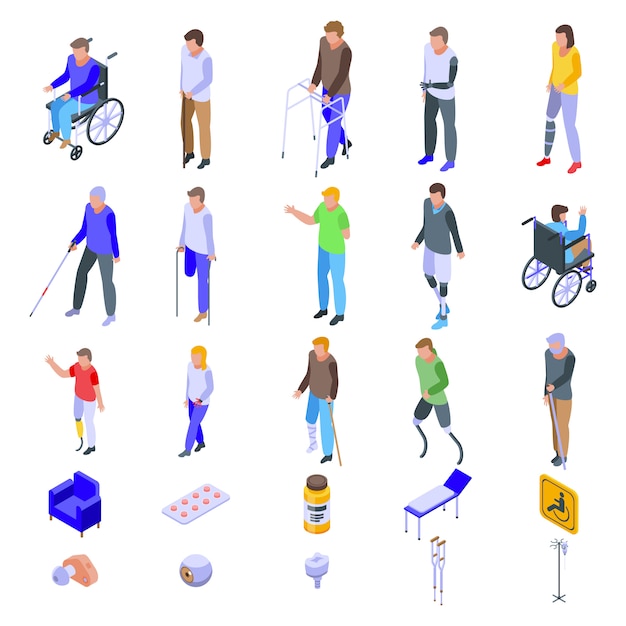 Set di icone per disabili, stile isometrico