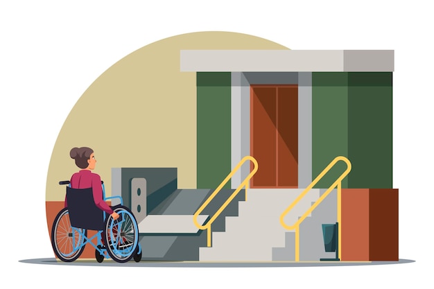 Vector handicapped woman in wheelchair, access ramp in entrance of multi-storey house