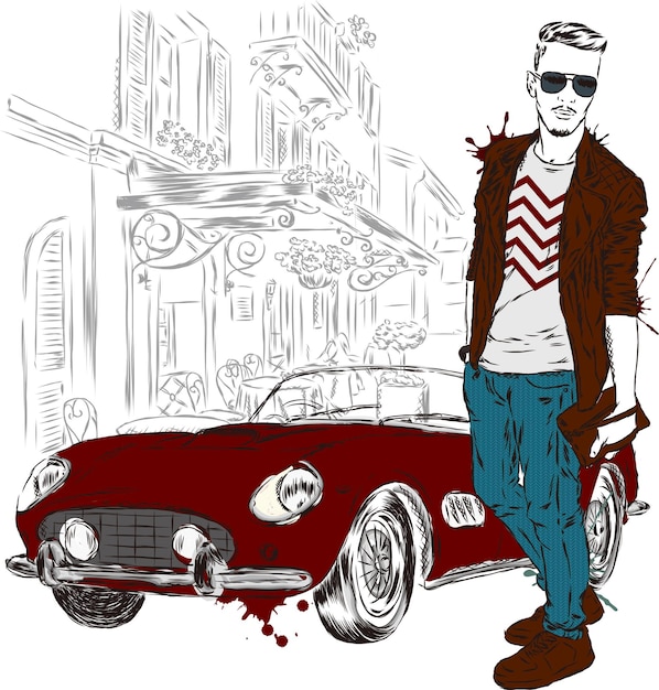 Handige man in stijlvolle kleren Hipster Vector illustratie Man en retro auto