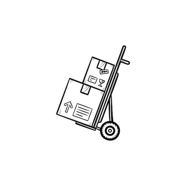 Handkar met kartonnen dozen hand getrokken schets doodle pictogram. winkelen, pakketbezorging, verzendingsconcept. schets vectorillustratie voor print, web, mobiel en infographics op witte achtergrond.