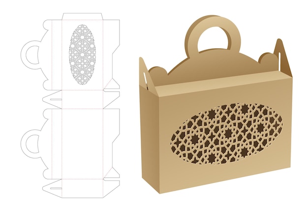 Vector handle box with stenciled arabic pattern die cut template and 3d mockup