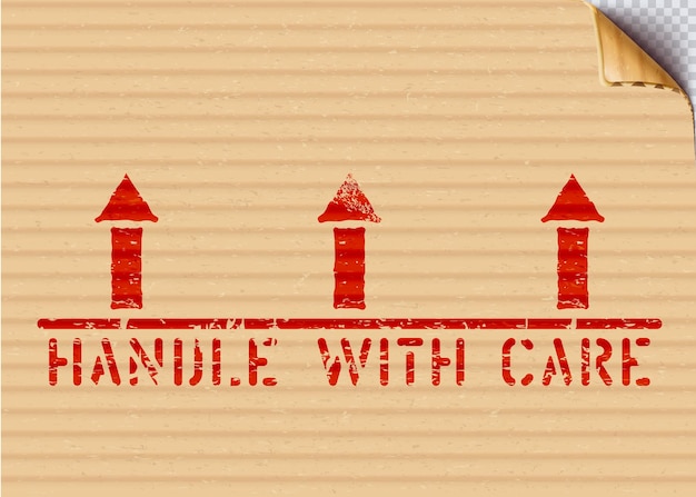 Handle with care and arrows up pictogram on a grunge background. This way up grunge vector box sign on a cardboard