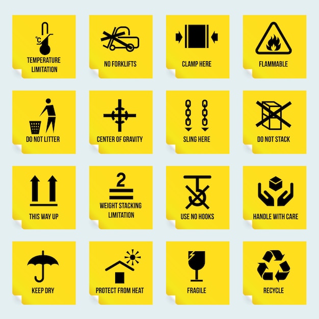 Vector handling and packing yellow stickers set with temperature limitation flammable no stack symbols isolated vector illustration