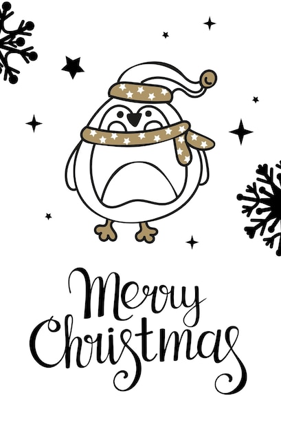 Vector handmade christmas cards with lettering penguin stars fashionable postcards in black and gold color