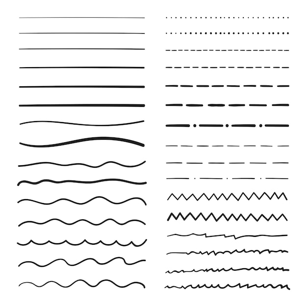 ベクトル マーカーブラシ落書きスタイルの下線ストロークの手作りコレクションセット。さまざまな形。ベクトルグラフィックデザイン。
