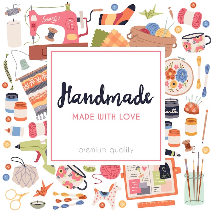 Vector handmade crafts art accessories and materials hobby tools cozy creative products embroidery weaving and knitting decorative poster for studio or shop vector square frame flat cartoon concept
