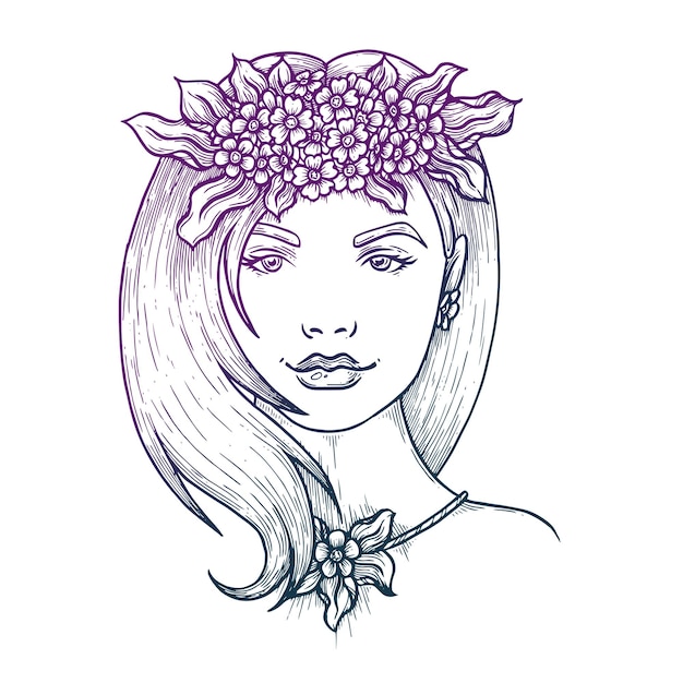 꽃 장식을 가진 소녀의 수제 잉크 라인 그림