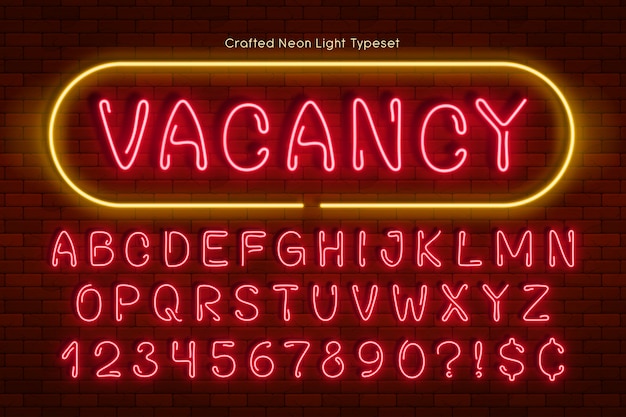 Handmade neon light alphabet, realistic extra glowing font