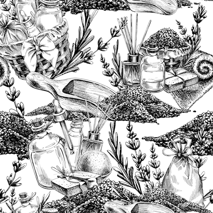 Vector handmade objects for spa bath reception cosmetics graphic illustration line art hand drawn in black