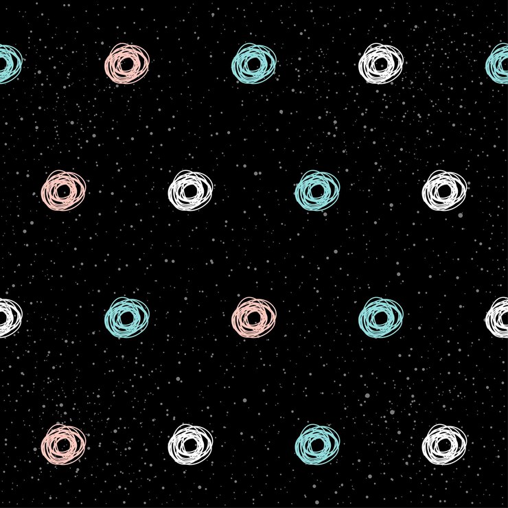 Vector handmade round seamless pattern background. abstract blue, white and pink round on black pattern for card, invitation, wallpaper, scrapbook, holiday wrapping paper, textile fabric, garment, t-shirt