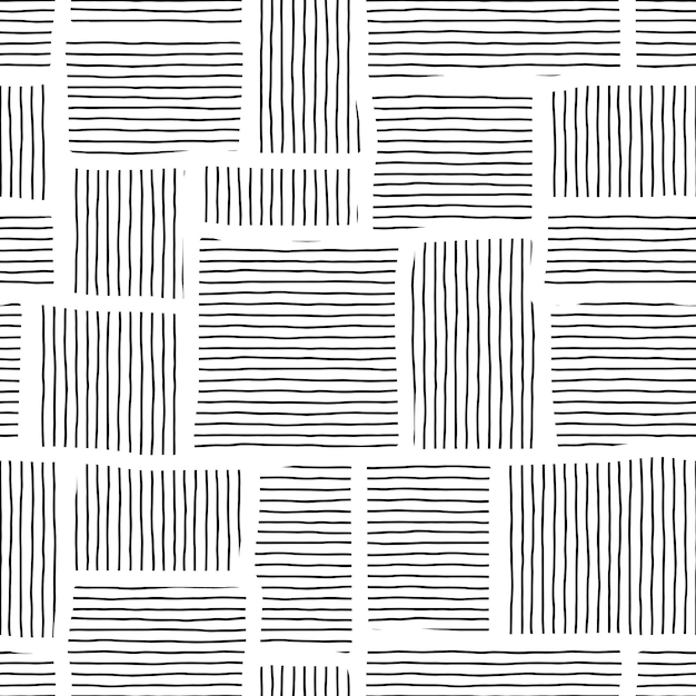 Handmade seamless pattern black chaotic stripes on white background