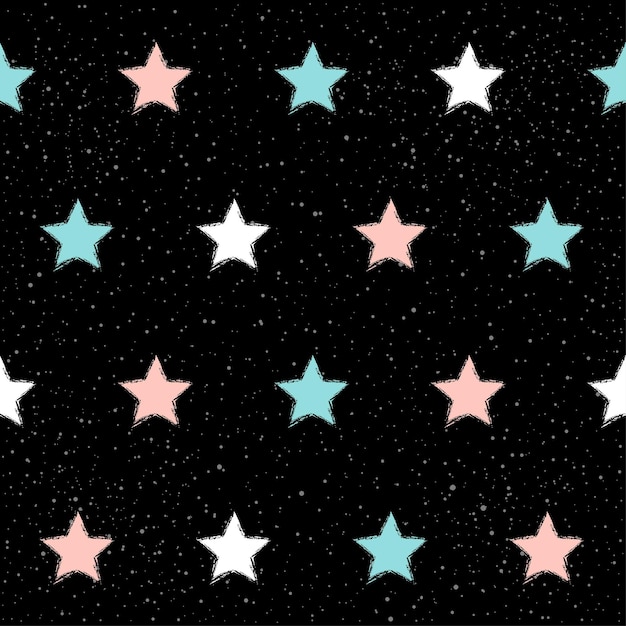 手作りの星のシームレスなパターンの背景。カード、招待状、壁紙、スクラップブック、休日の包装紙、織物、衣服、Tシャツなどの黒のパターンの抽象的な青、白、ピンクの星
