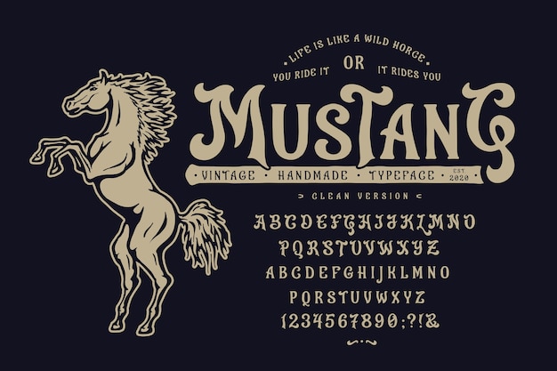 handmade typeface mustang with hand drawn horse