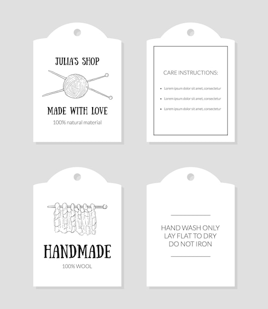 Vector handmade with love paper tags with care instructions set monochrome hand drawn vector illustration web design