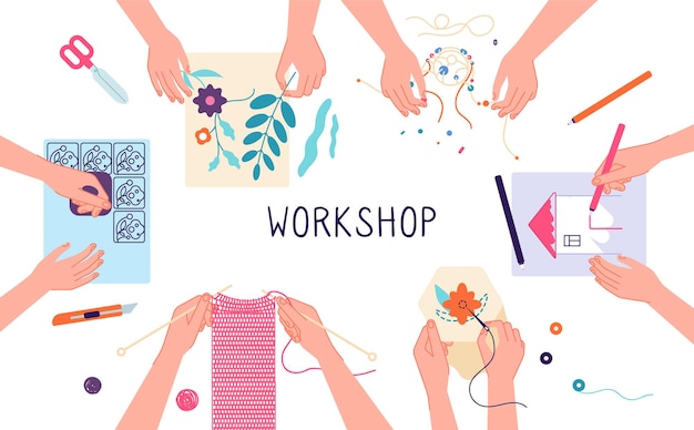 Vector handmade workshop. craft diy knitting, drawing and scrapbooking projects.