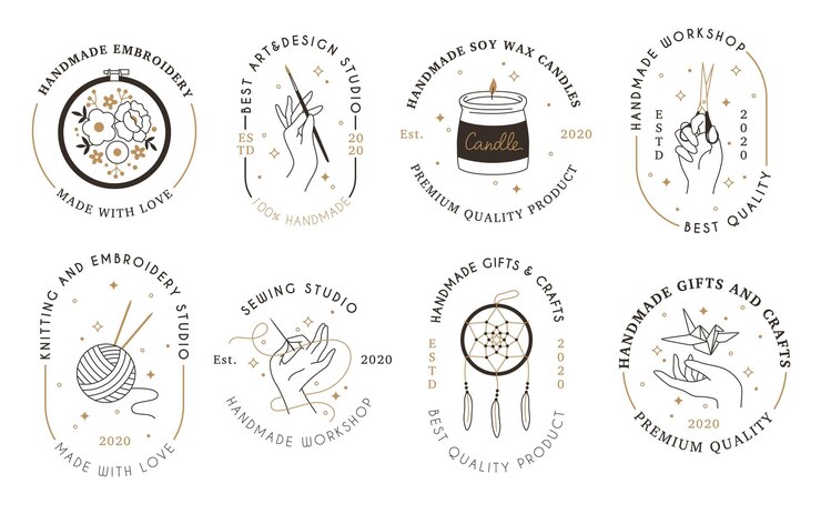 Vector handmade workshop signs craft products hipster linear emblems minimalist hobbies and creativity badges hands holding tools art and embroidery studio logo vector line labels set
