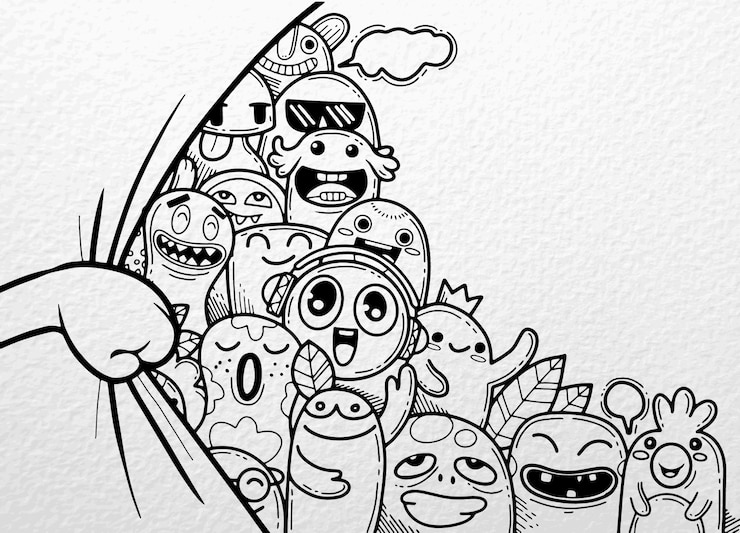 Vector handopening gordijn met grappige monster groep achter