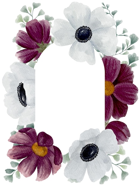 Handpainted watercolor arch shape template with white anemone burgundy cosmos flowers and ferns