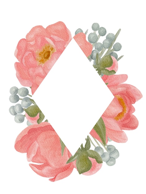 Handpainted watercolor diamond shape floral card template with pink peonies and brunia