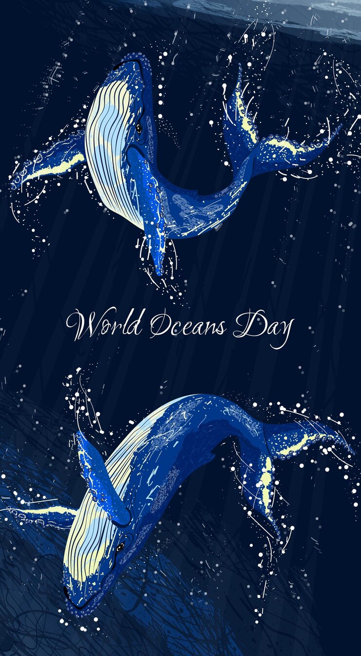 Vector handpainted watercolor whales spinning in a dance international day of the oceans whole day