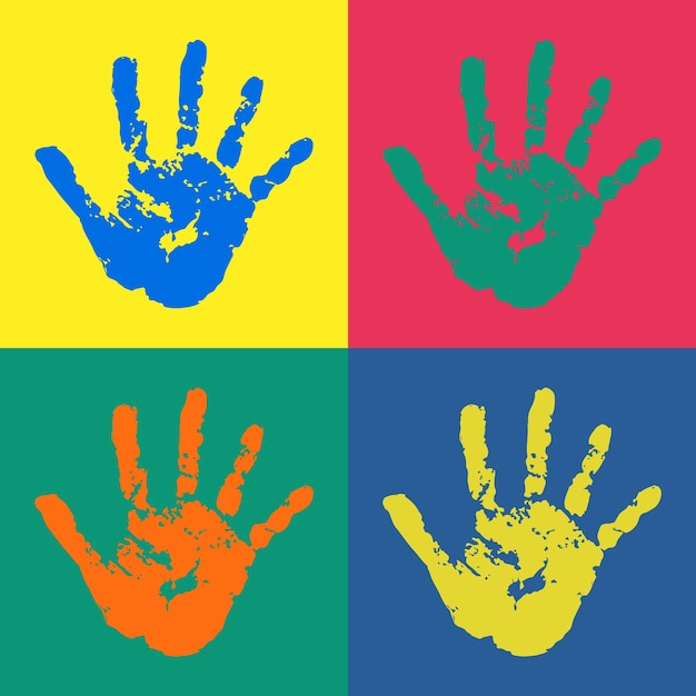 Vector handprint poster in flat style. watercolor acrylic colorful kids handprints.