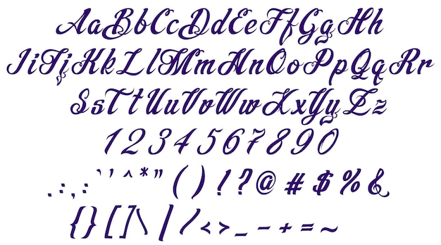 Handrawn calligraphic violet alphabet font