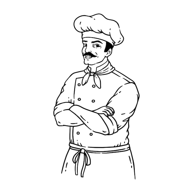 Handrawn chef in vintage style line art illustration isolated on white