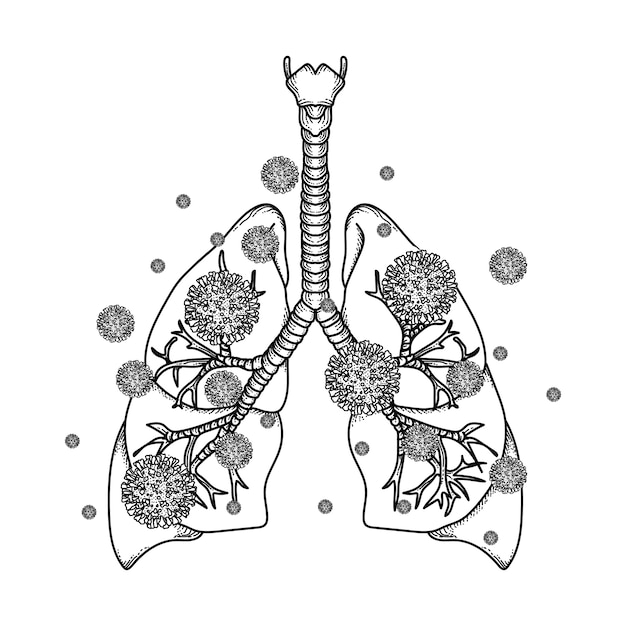 Vettore polmoni illustrazione disegnata a mano con coronavirus covid19