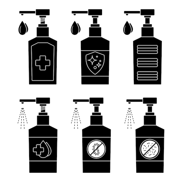 Handreinigingsmiddel. een set handdesinfecterende flessen, wasgel, spray. ontsmettingsmiddel vloeibare zeep. antiseptische of antibacteriële gel op alcoholbasis. silhouet van fles. een antisepticum aanbrengen. glief. vector