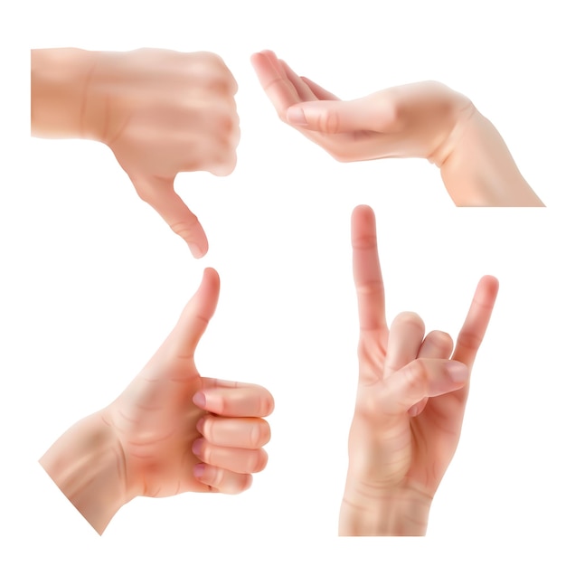 Vector hands are posing. female hand gestures holding and pointing, crossed fingers, fist, peace and thumb