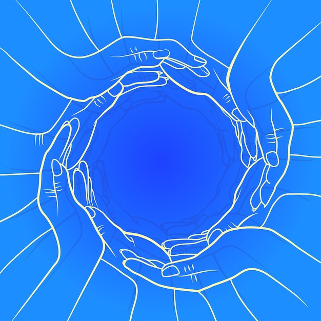 Hands are woven in a circle creating a pattern of the sun symbolizing unity and peace