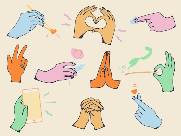 Hands and arms expressions Hand sign big set ok and love heart help handshake and press touch