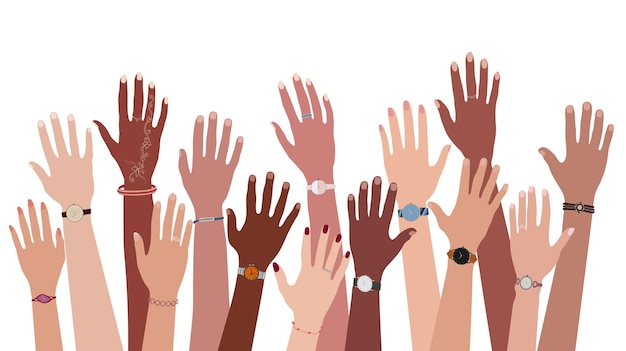 Vector hands and arms raised up of multiethnic and multicultural men and women with different skin