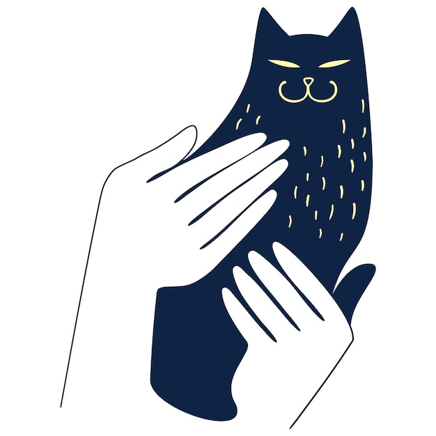 Hands and black cat