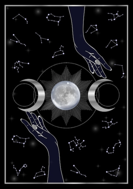 Vector hands blessing a magic ritual pagan dark forces invocation with moon and constellations