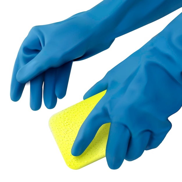 Vector hands in blue gloves holding dishwashing sponge isolated on white background in 3d illustration