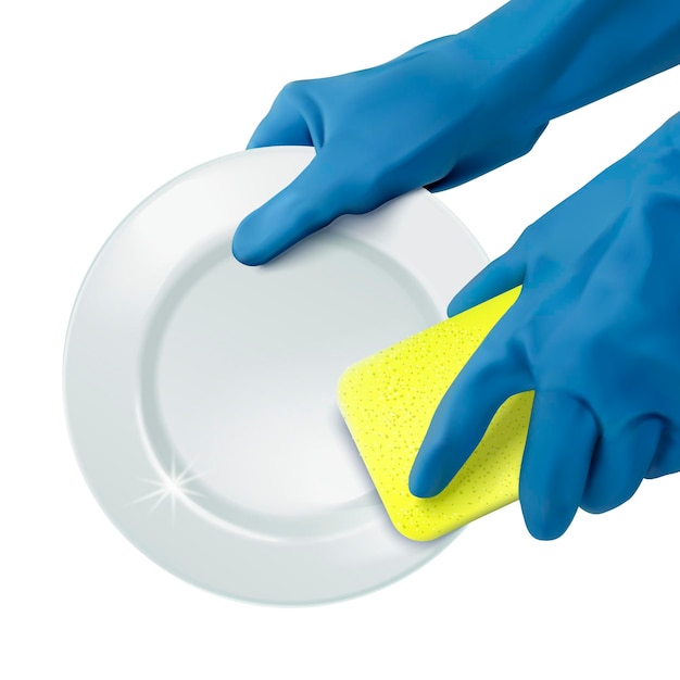 Hands in blue gloves holding sponge scrubbing the bright white dish in 3d illustration