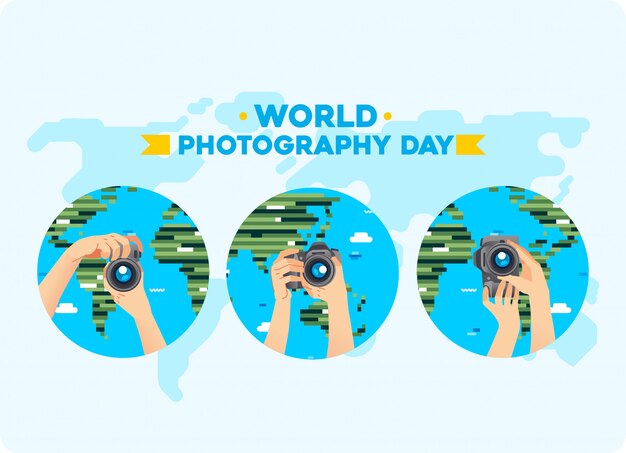 Mani che portano la fotocamera digitale con diverse pose e mappa del mondo come sfondo. illustrazione della giornata mondiale della fotografia. utilizzato per poster, immagine del sito web e altro