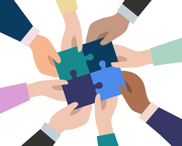 The hands of businessmen connect the pieces of puzzles into a single whole. the concept of successful business team work. partnership and cooperation. vector flat design.