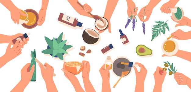Le mani raccolgono con cura ingredienti naturali e li mescolano insieme per creare oli naturali di alta qualità per la cura della pelle