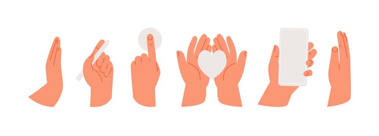 Vector さまざまな位置での手のコレクション。あいさつ、書く、スマホを持つ、触れるジェスチャー