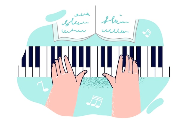 楽器音楽コンサートで演奏するためのピアノを演奏し,ノートを学ぶ作曲家の手