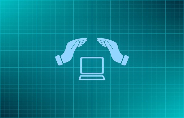 Vettore symbolico di protezione del gadget hands over computer equipment illustrazione vettoriale su sfondo blu eps