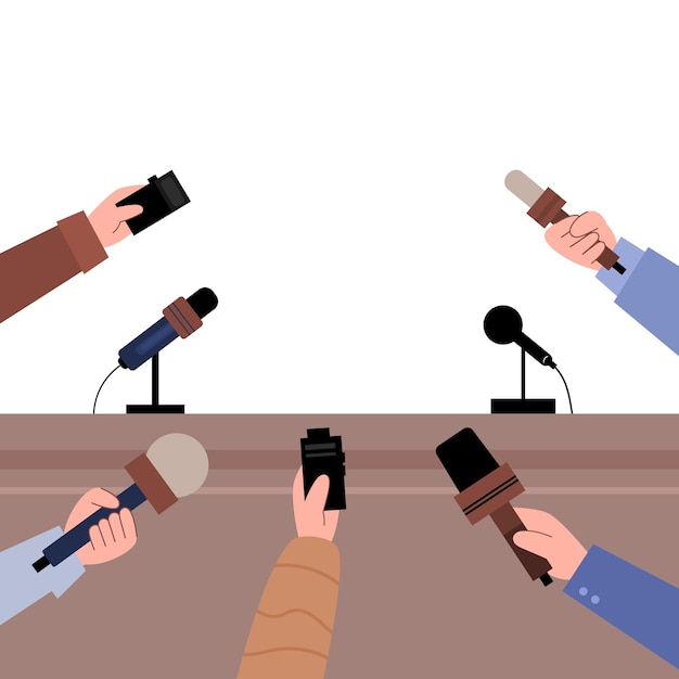Hands of correspondents with microphones flat vector illustration isolated
