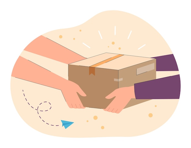 Hands of courier passing package to hands of customer. Person delivering gift or object in carton box flat vector illustration. Delivery, mail concept for banner, website design or landing web page